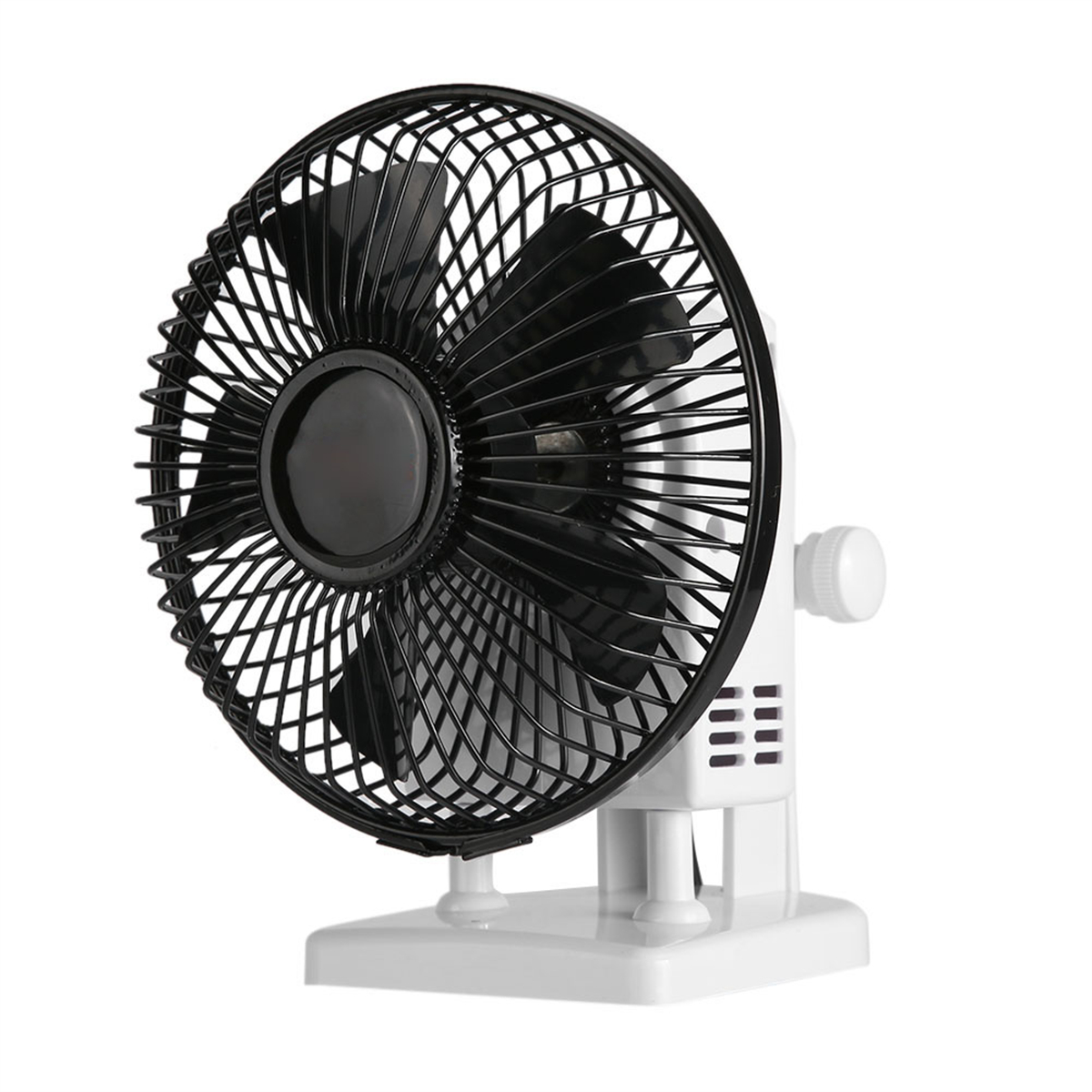 Schwarzer Ventilator mit weißem Sockel und Käfig. Die Lüfterblätter sind schwarz, der Sockel ist weiß.