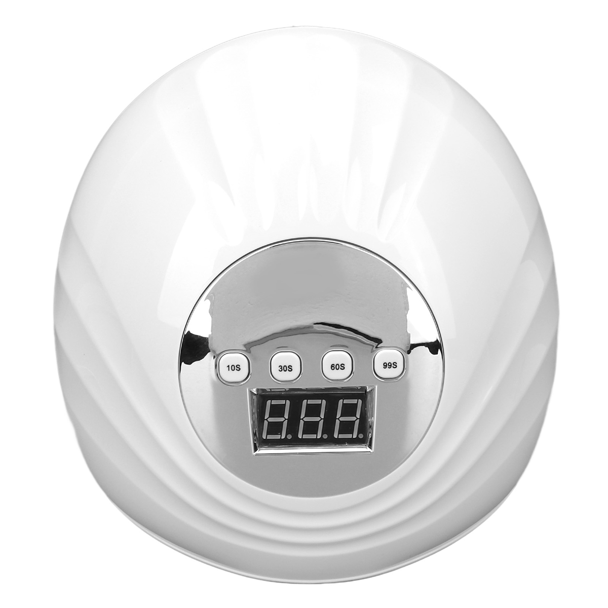 Weiße UV-Nagellampe mit Digitalanzeige. Zeigt Zeiteinstellungen mit Tasten für 10s, 30s, 60s und 99s.