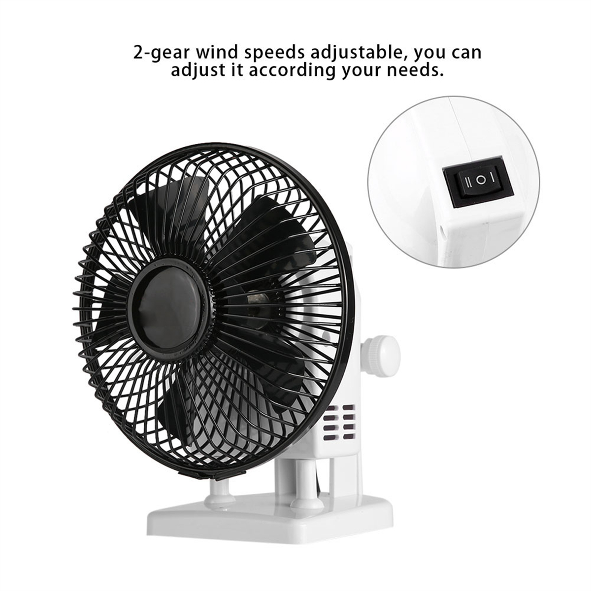Ein schwarzer Ventilator mit weißem Sockel und einem Ein-Aus-Schalter. Ein kleiner Ausschnitt zeigt den Schalter.