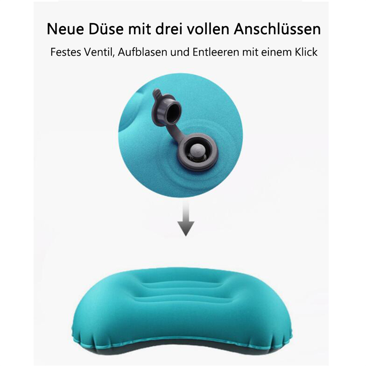 Blaues aufblasbares Kissen mit Ventil und darüber ein offenes Ventil. Weißer Hintergrund.