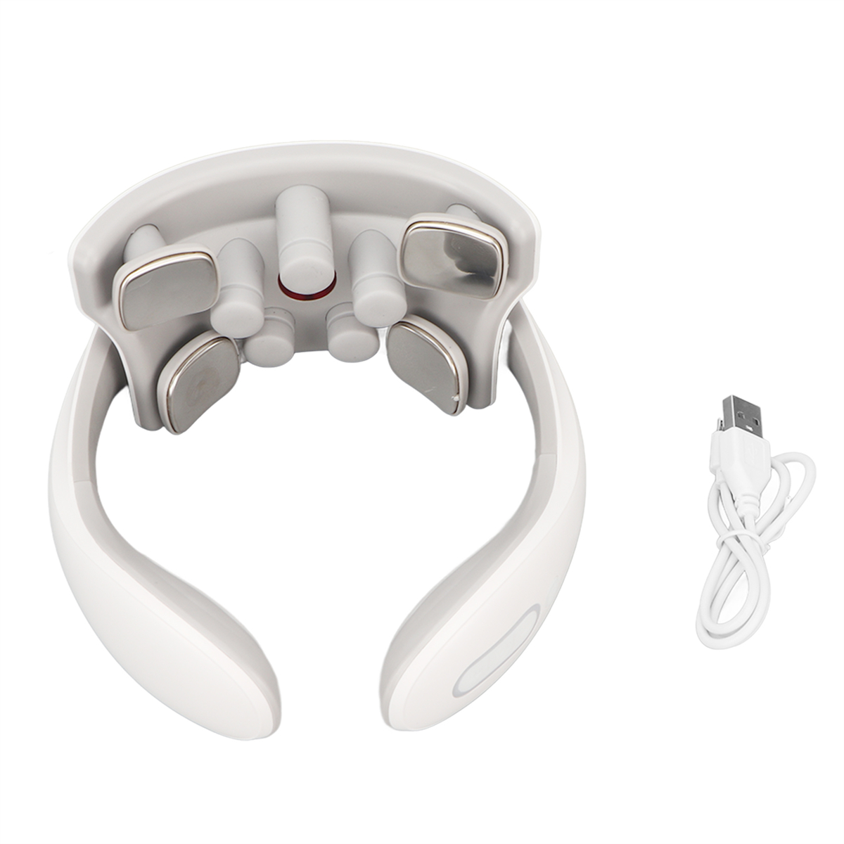Weißes Nackenmassagegerät mit mehreren Massageköpfen und USB-Kabel.