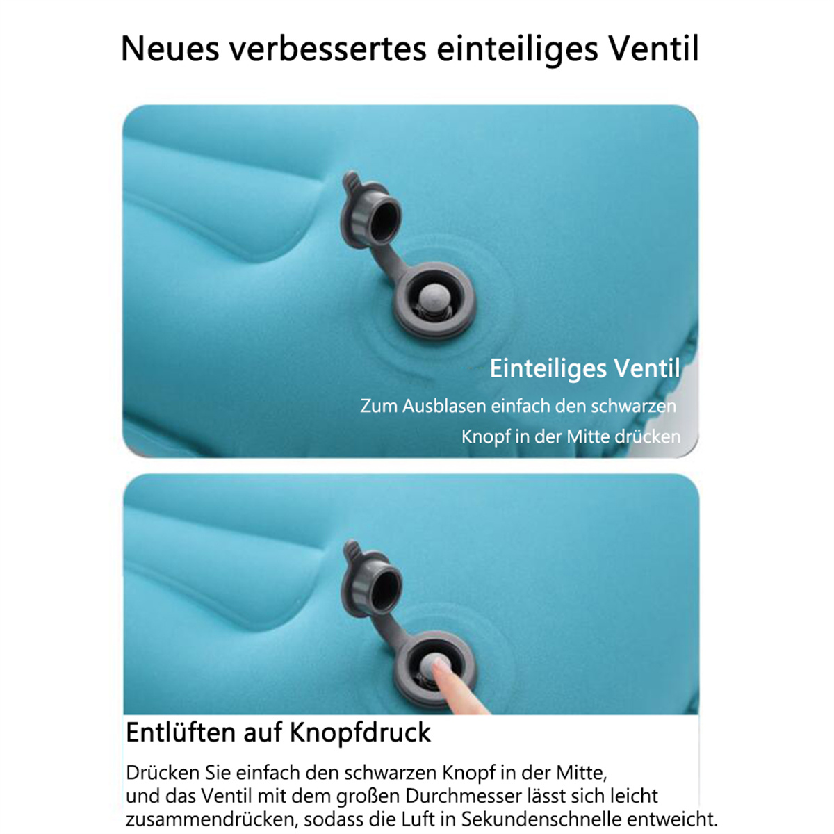 Nahaufnahme des aufblasbaren Ventils. Blaue Oberfläche, schwarzes Ventil, weißer Text, zwei Bilder mit Ventildetails.