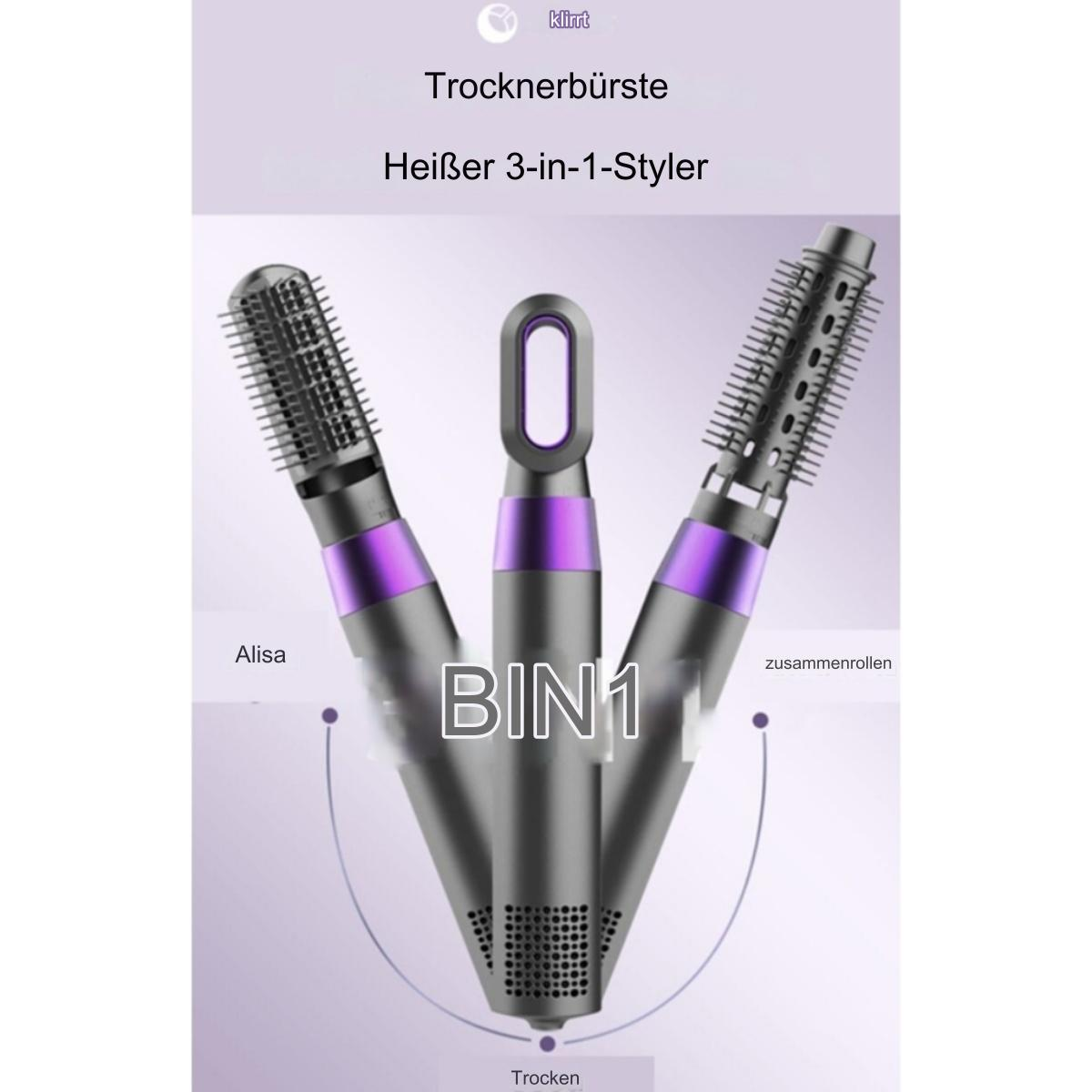 Ein 3-in-1-Haarstyler mit drei Aufsätzen. Lila Akzente. Text: Trocknerbürste, Heißstyler.