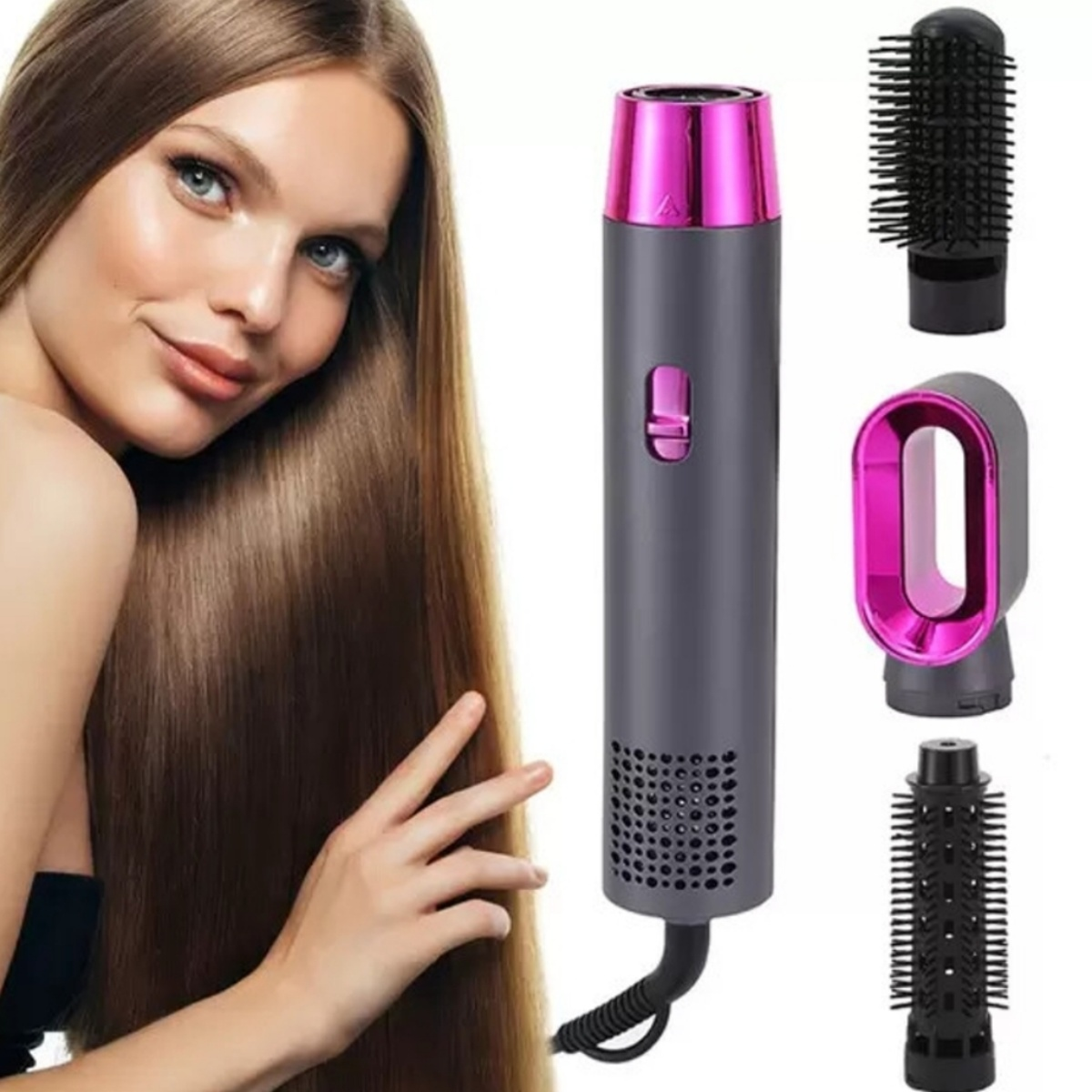 Eine Frau hält einen Haartrockner. Mehrere Aufsätze sind rechts angeordnet. Sie hat lange, braune Haare.