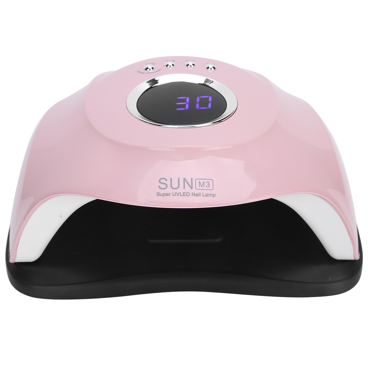 Eine rosa UV-Nagellampe mit Digitalanzeige '30'. Silberne Akzente und schwarze Basis.