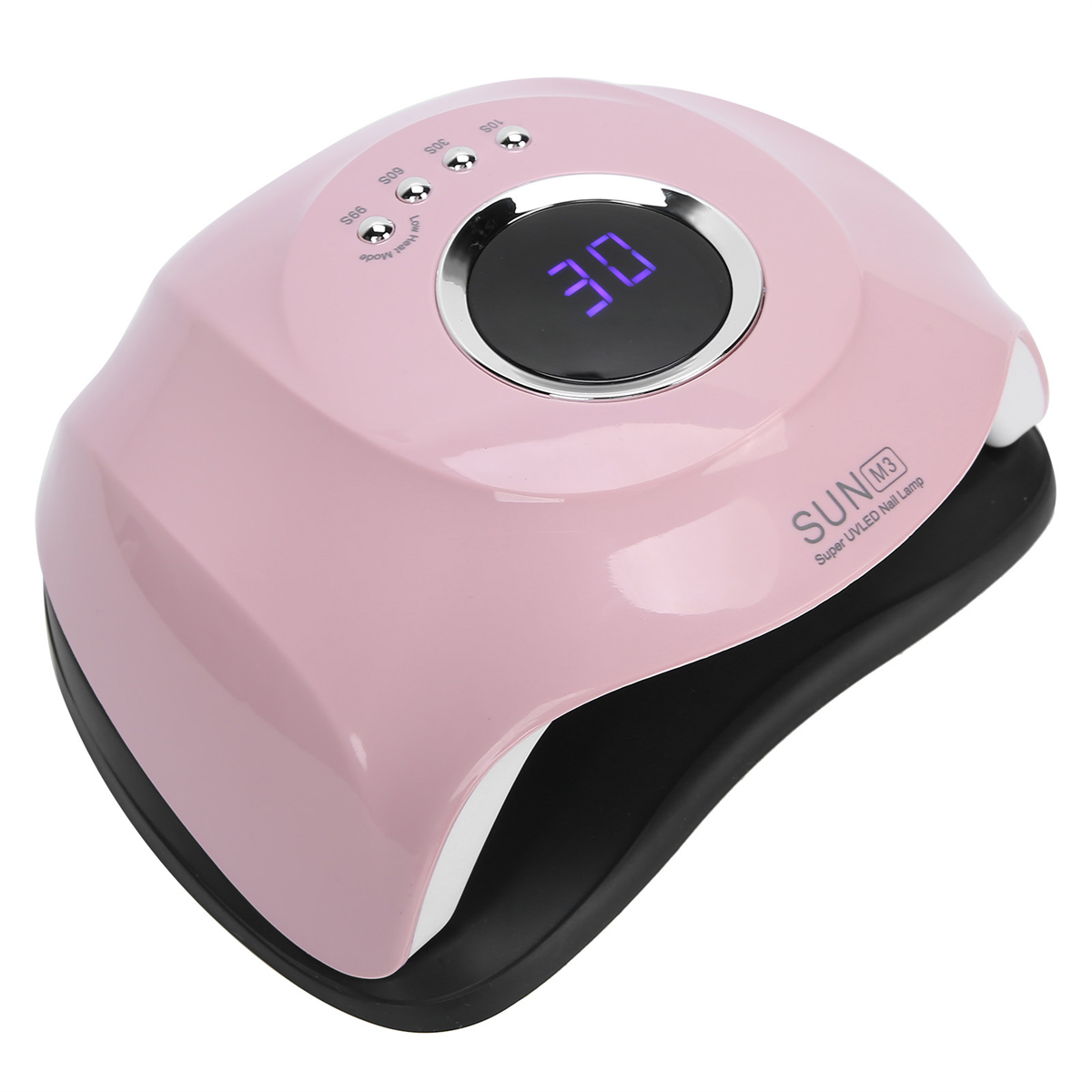 Eine rosa Nagellampe mit Digitalanzeige und dem Text SUN M3, die Lampe steht auf einem schwarzen Sockel.