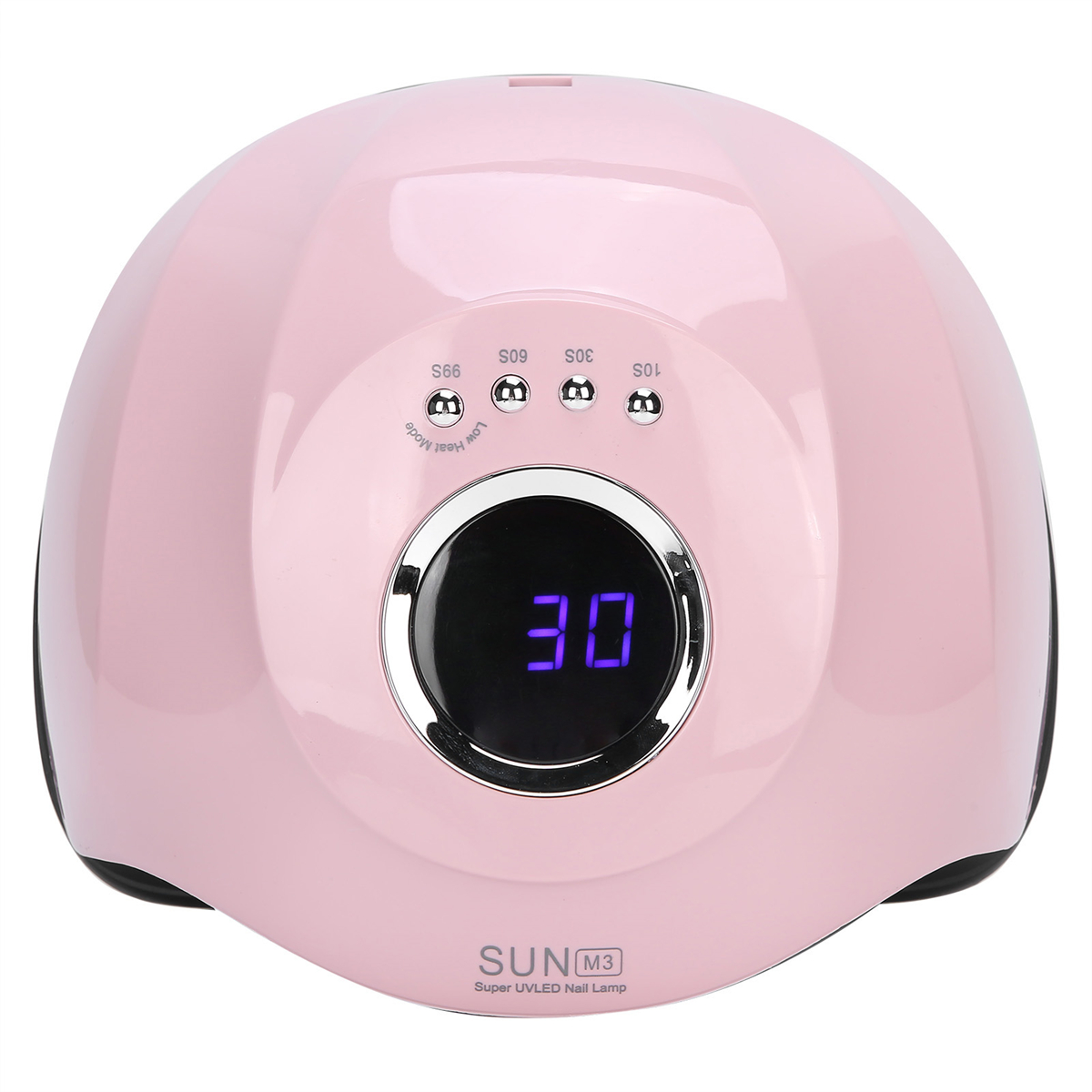 Eine rosa UV-Nagellampe mit Digitalanzeige '30' und Tasten für Zeiteinstellungen, auf Weiß.