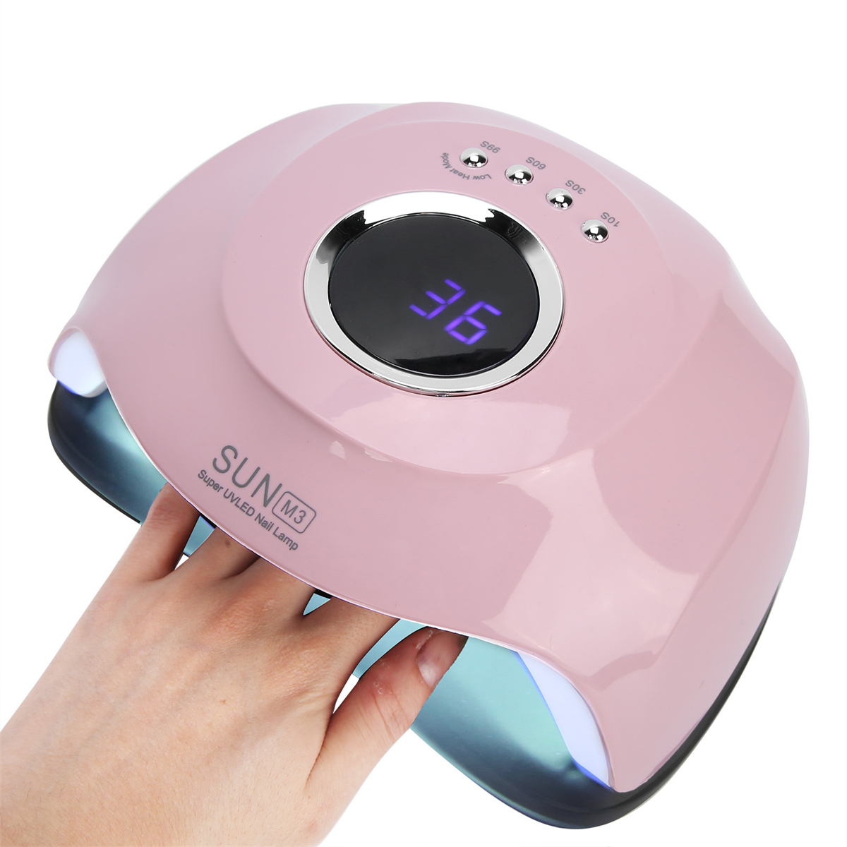 Eine rosa UV-LED-Nagellampe mit Digitalanzeige, die '36' anzeigt. Eine Hand ist in die Lampe gelegt.