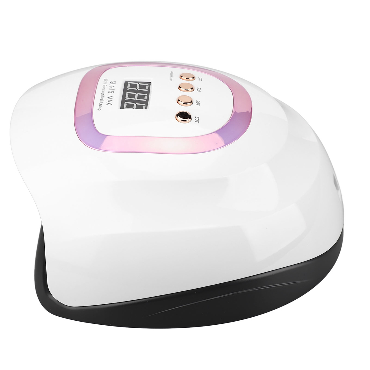 Eine weiße Nagellampe mit digitaler Anzeige mit Zahlen und drei Knöpfen.