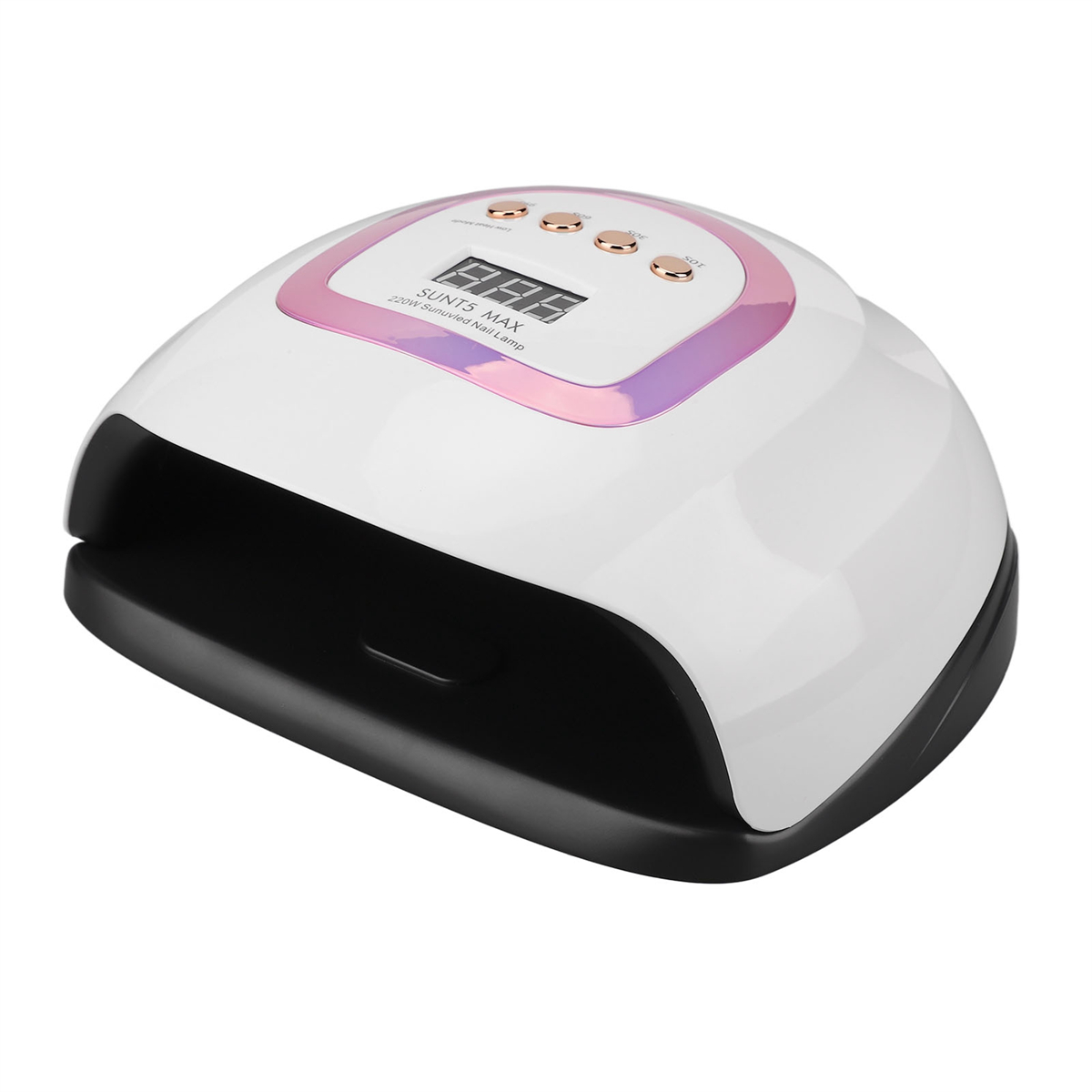 Ein weißer und schwarzer Nageltrockner mit Digitalanzeige und rosa Akzenten.