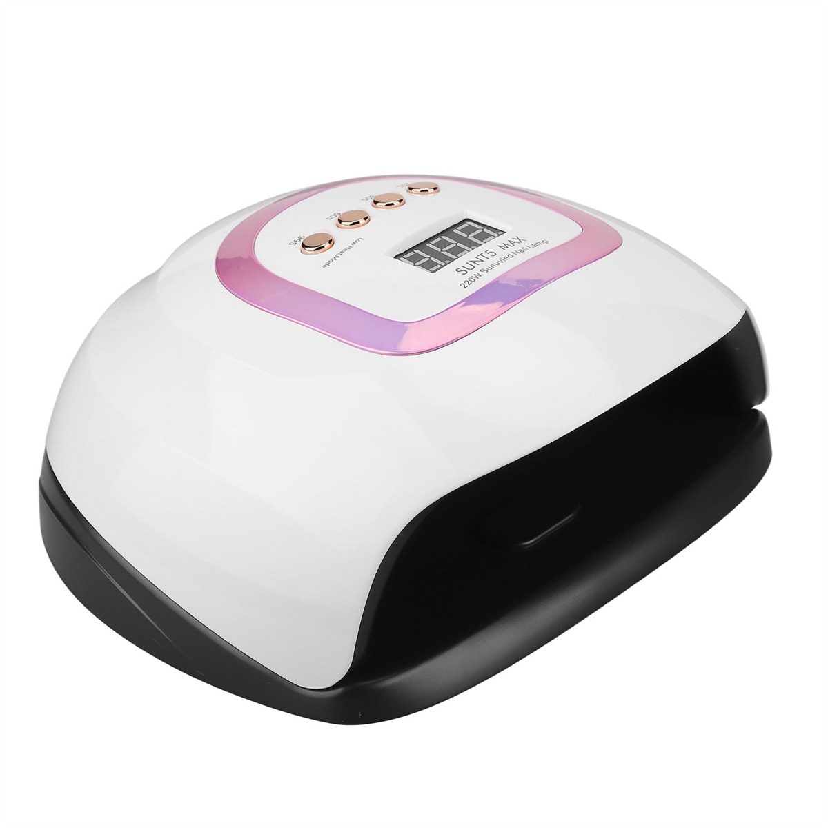 Weiße und rosa Nageltrocknerlampe. Hat Knöpfe und eine Digitalanzeige. Zum Aushärten von Gelnägeln.