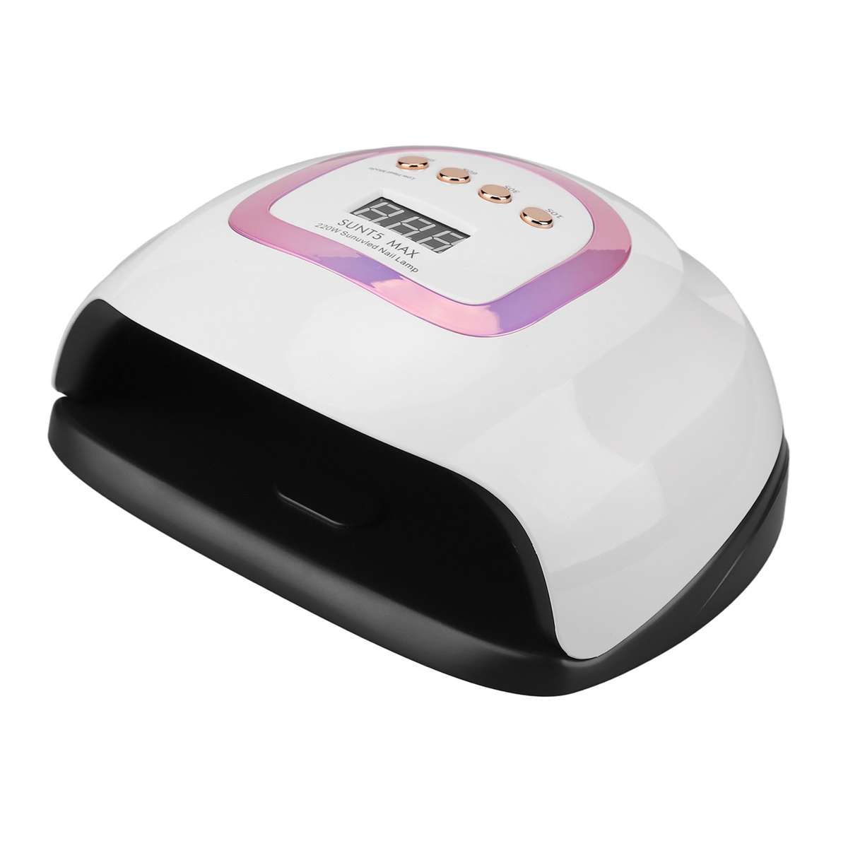 Ein weißer Nageltrockner mit rosa Akzent und digitaler Anzeige, mit mehreren Knöpfen oben.
