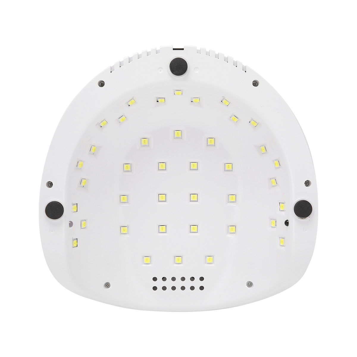 Draufsicht auf einen weißen Nageltrockner mit mehreren LEDs in Bogenform angeordnet.