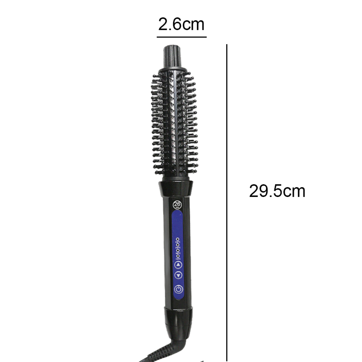 Schwarze Haarlockenbürste mit schwarzem Griff und Kabel. Eine Messung von 29,5 cm wird angezeigt.