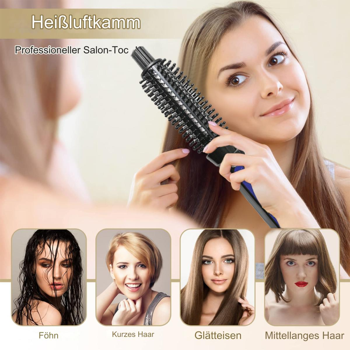 Frau benutzt ein Haarstyling-Werkzeug, mit anderen Frisuren im Hintergrund.