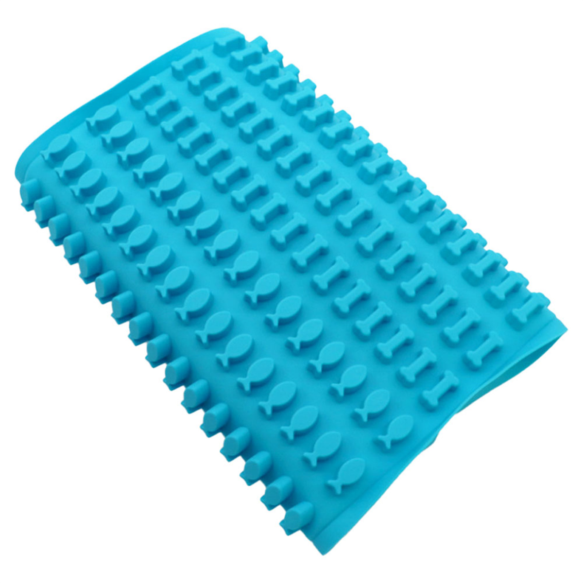 Eine blaue Silikonmatte mit fischförmigen Mustern.