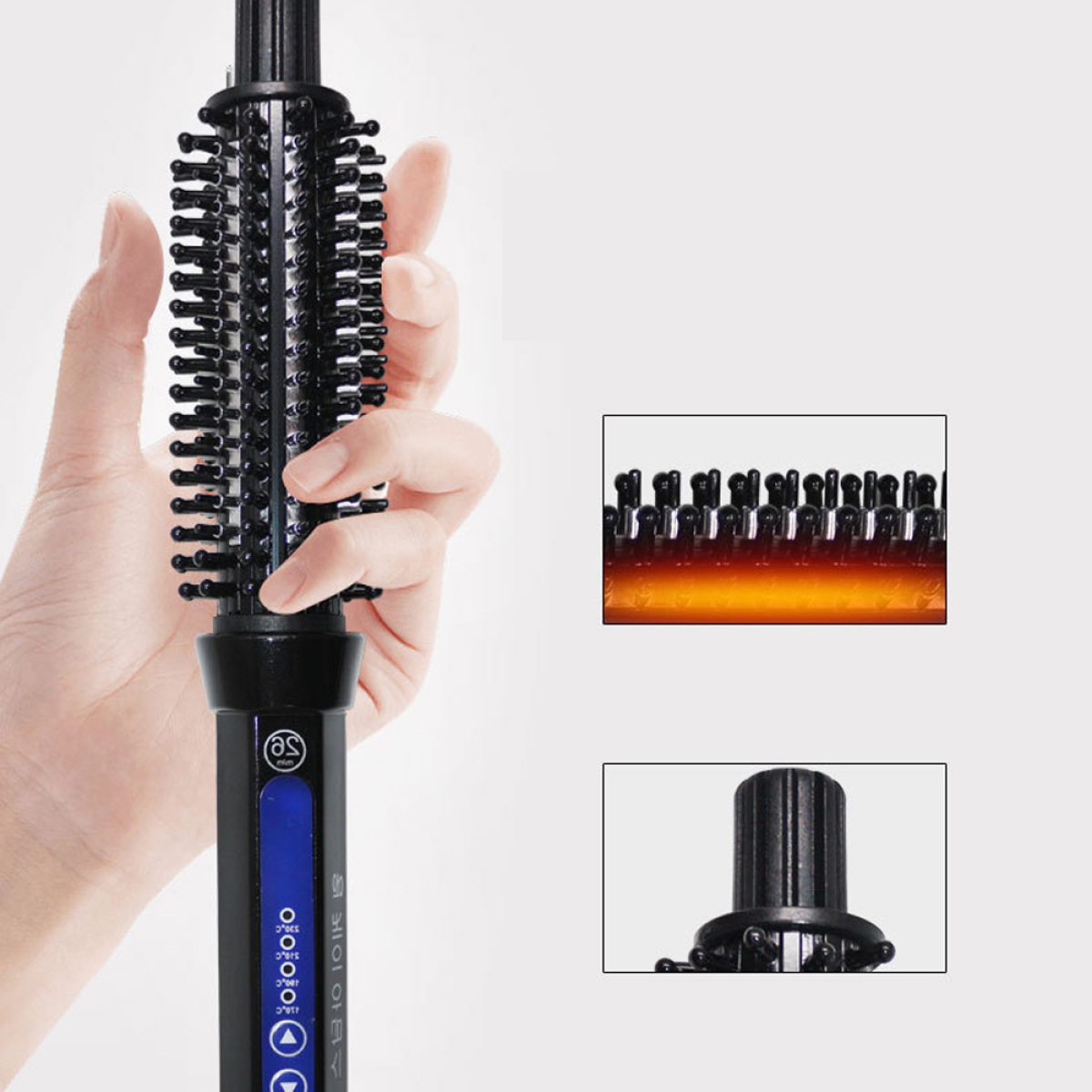 Hand einer Person, die eine schwarze und blaue Haarstylingbürste hält, mit Nahaufnahme der Borsten der Bürste.