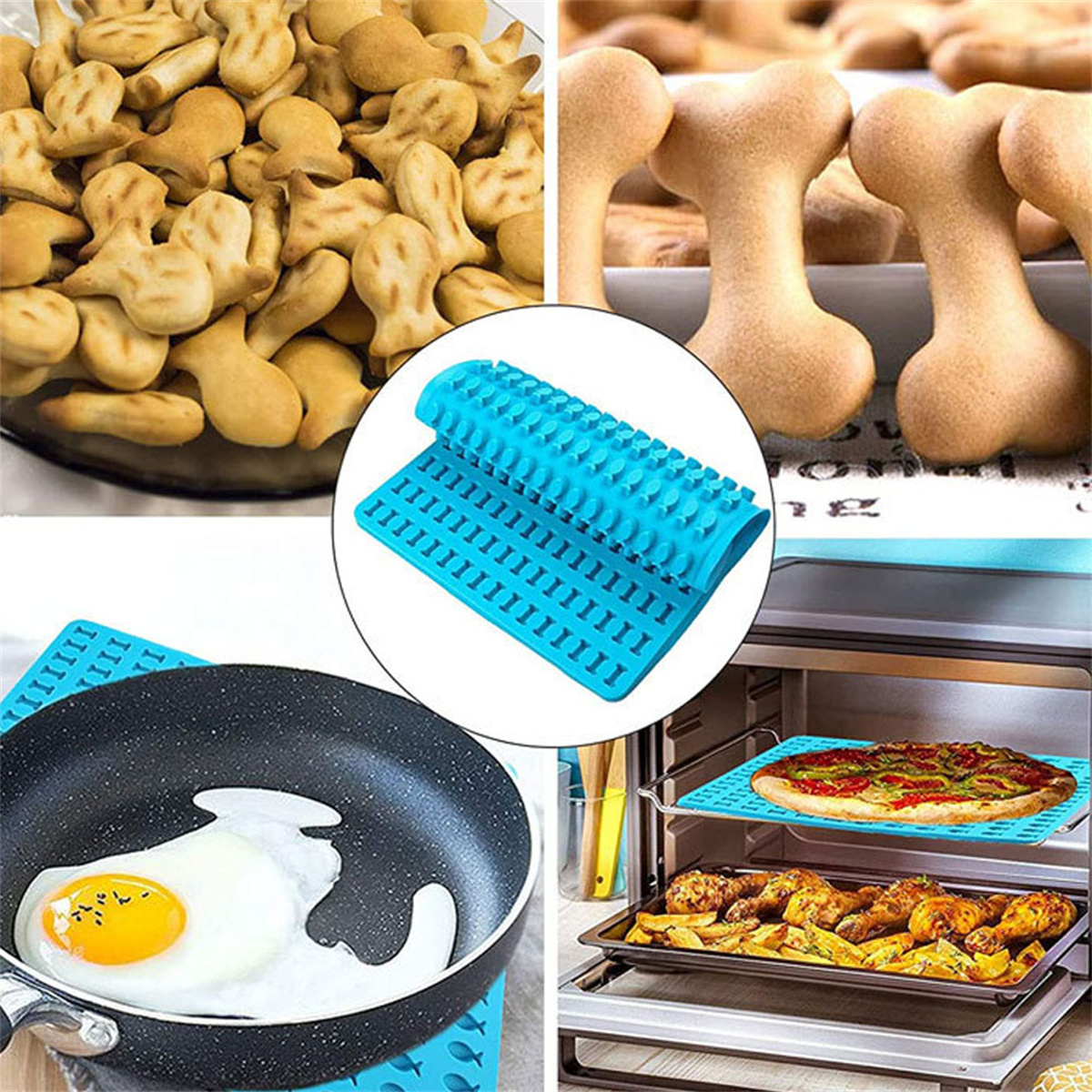 Eine Collage von Lebensmitteln, darunter Cracker, knochenförmige Kekse, blaue Silikonmatte und gekochtes Essen.