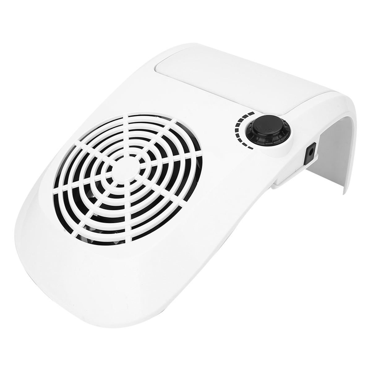 Ein weißer Nagelstaubabsauger mit einem Ventilator und einem verstellbaren Knopf an der Seite.