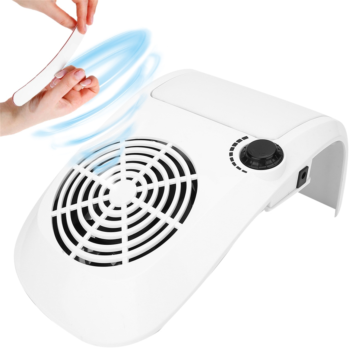 Weißer Nageltrockner mit Ventilator und Drehknopf, und Hand mit Feile.