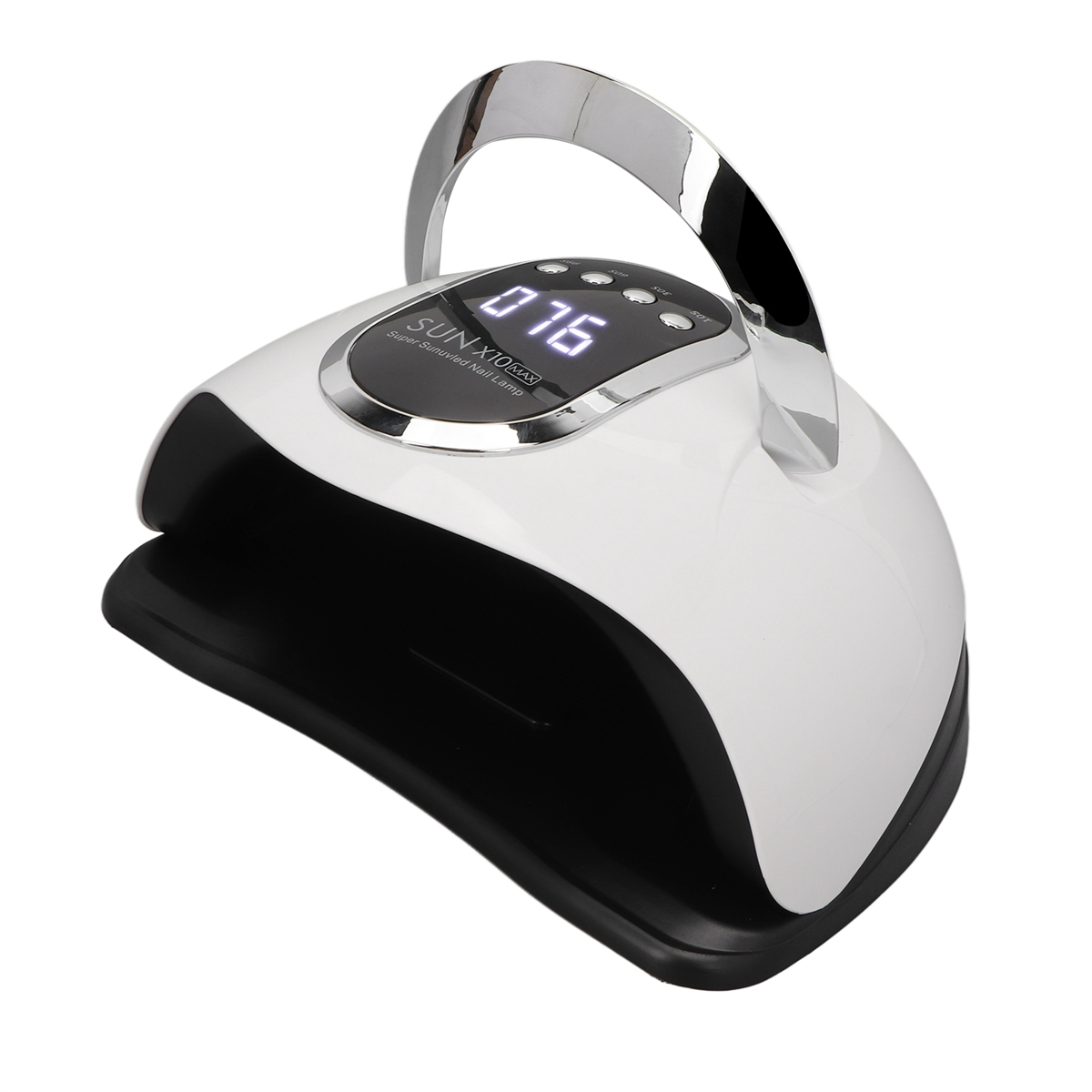Eine weiße Nagellampe mit Griff. Sie hat ein digitales Display, das einen Timer anzeigt.