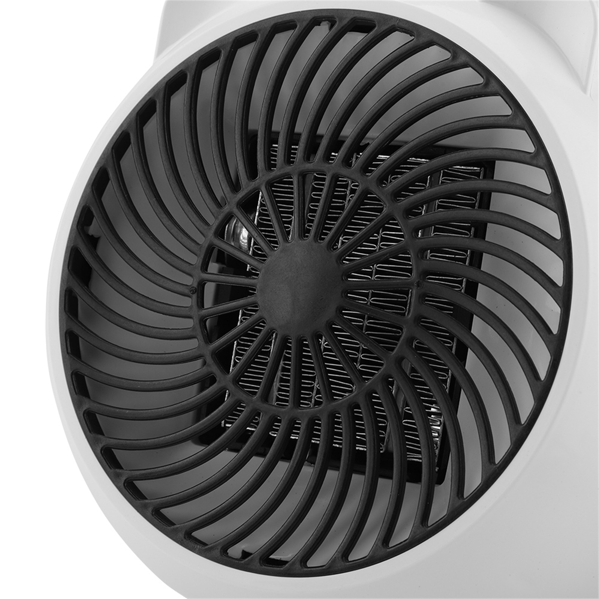 Ein weißer Ventilator mit einem schwarzen Spiraldesign in der Mitte, vor weißem Hintergrund.