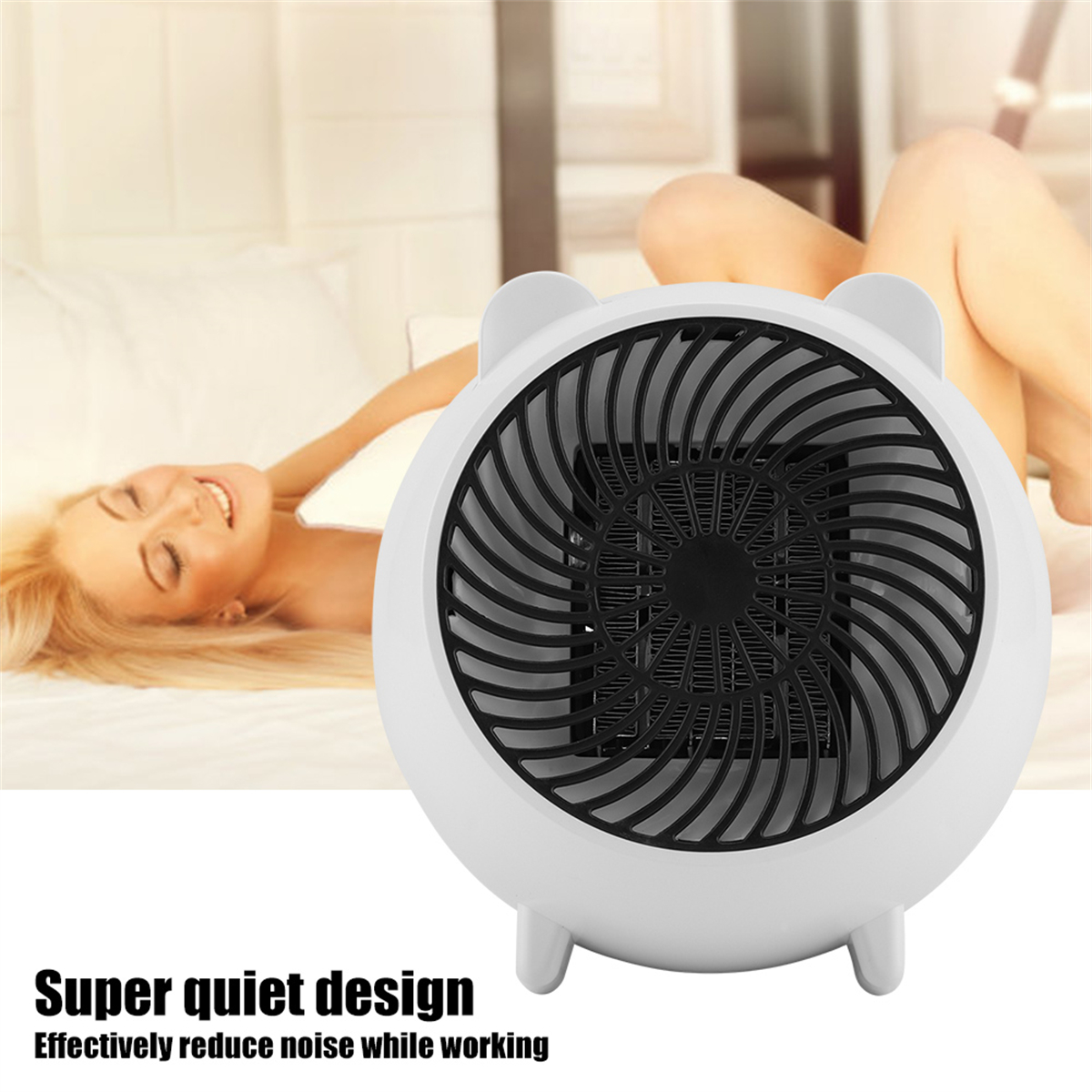 Weißer Ventilator, schwarzes Gitter, Frau im Hintergrund auf dem Bett.