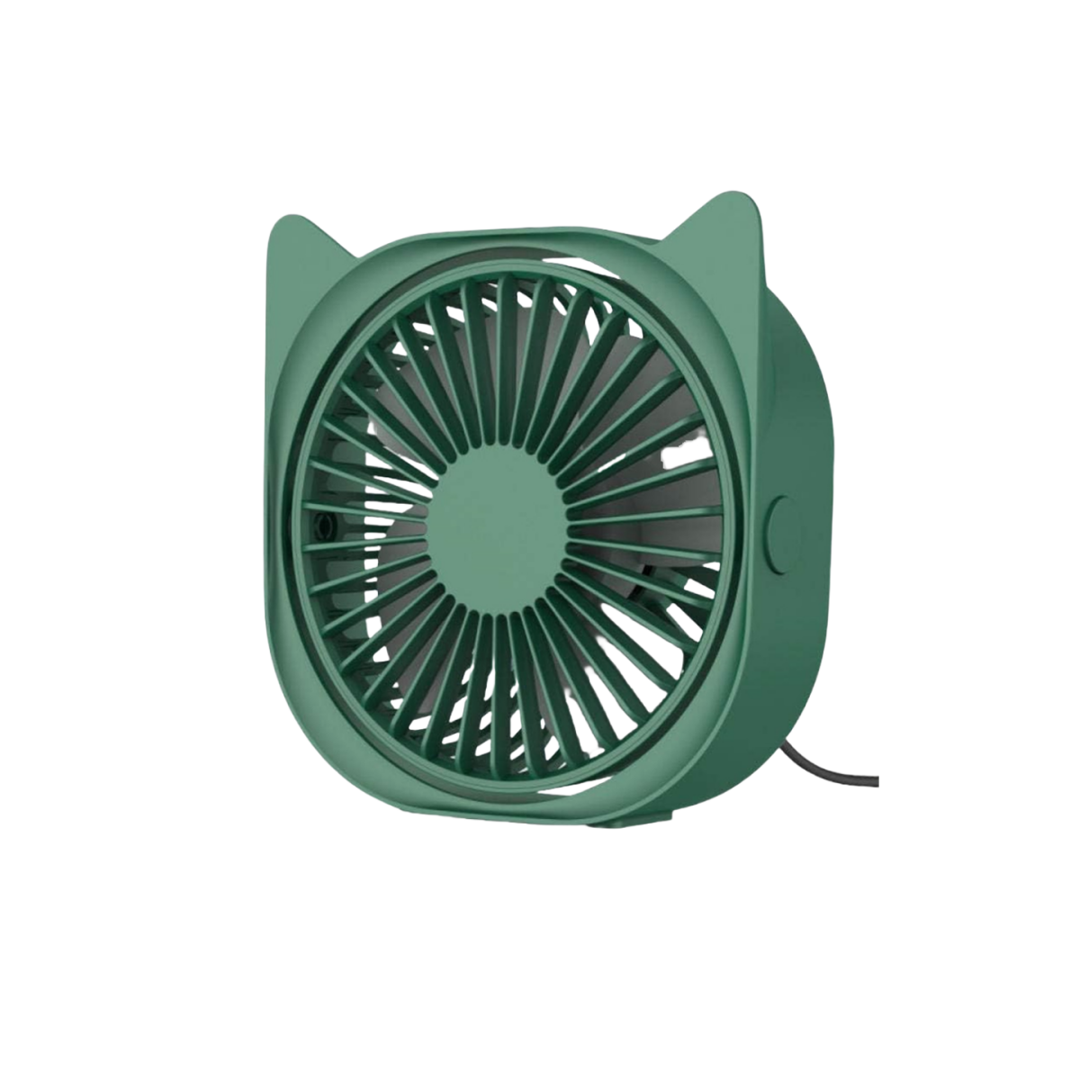 Grüner Katzenförmiger Ventilator. Schwarzes Netzkabel. Weißer Hintergrund.