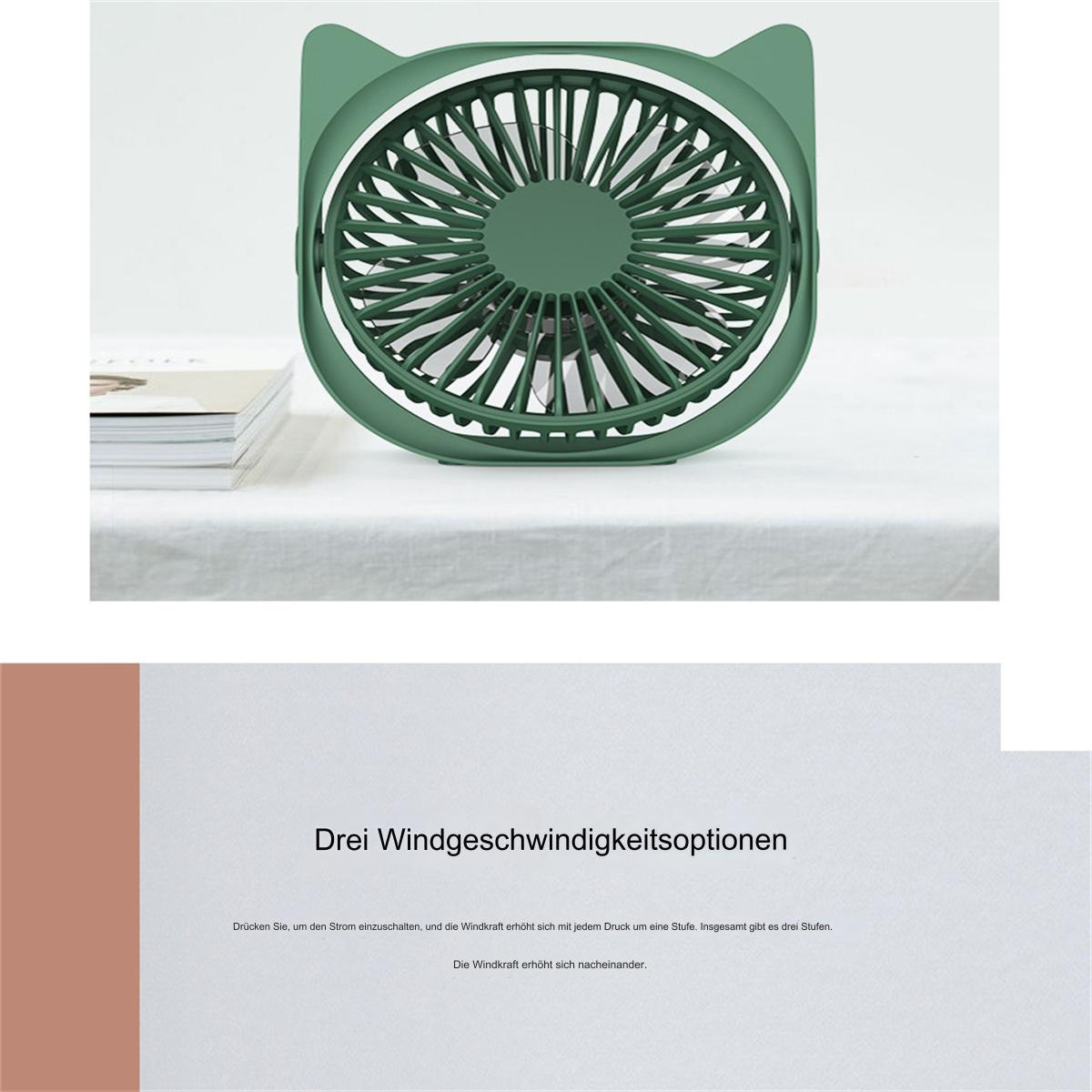 Ein grüner katzenförmiger Ventilator mit rundem Gitter und einem Text mit drei Windgeschwindigkeitsoptionen.