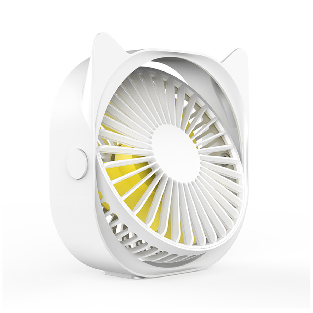 Weiß-gelber Ventilator. Kleiner Ventilator mit Katzenohrenform.