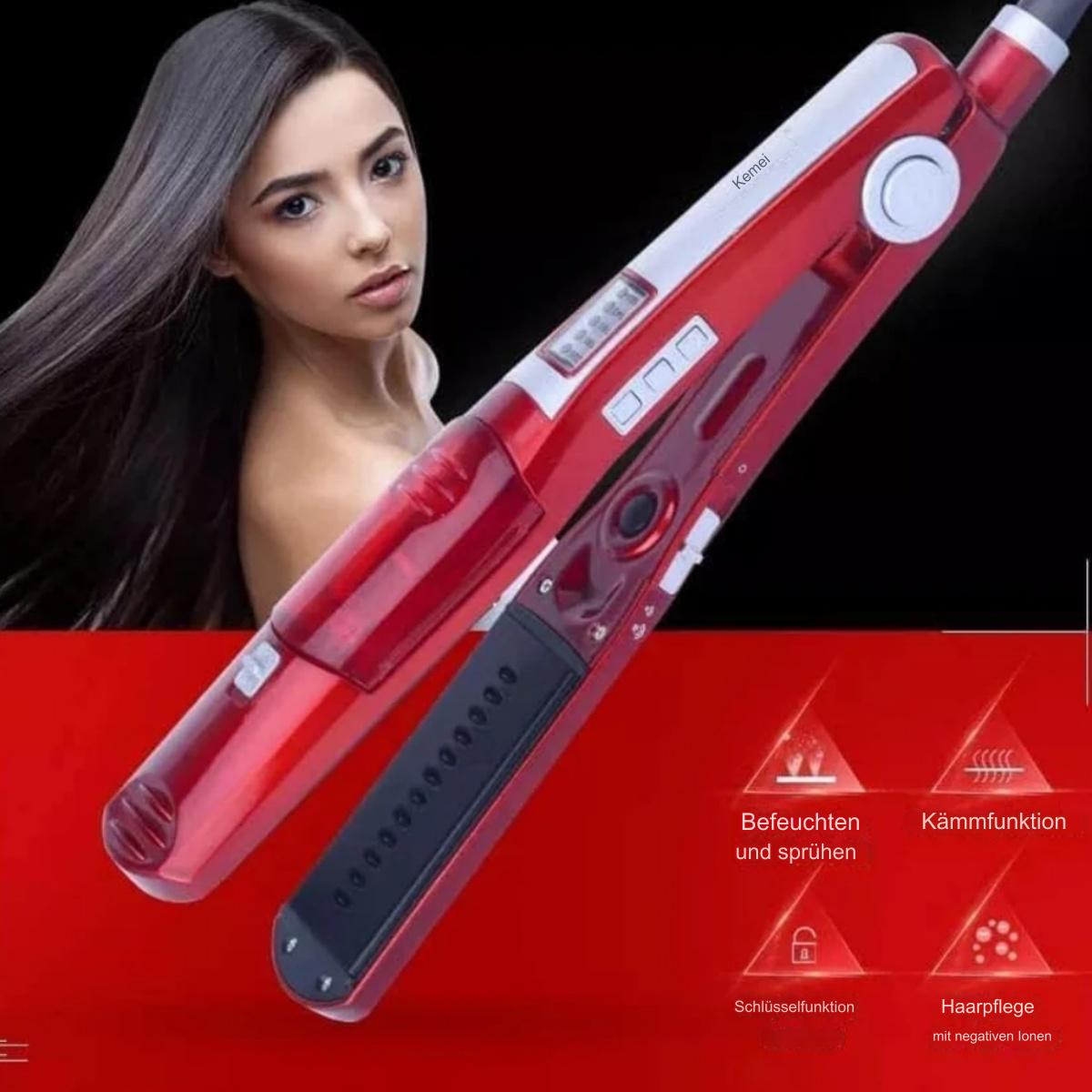 Eine Frau mit glattem Haar und ein roter Haarglätter, mit deutschem Text, der Produktmerkmale beschreibt.