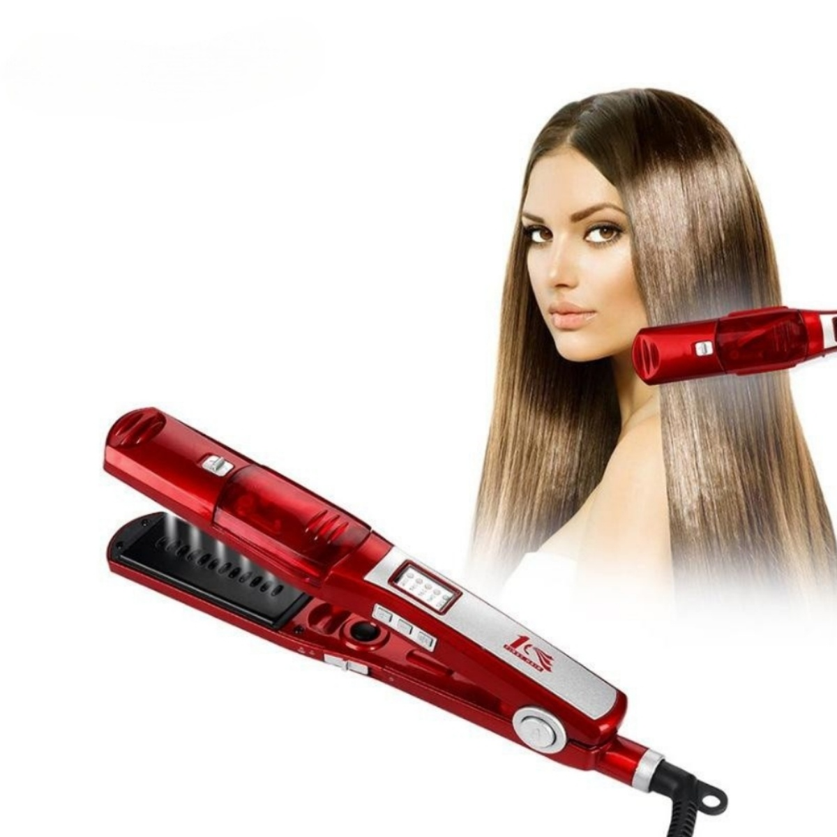 Ein rotes Glätteisen mit einer Frau mit langen, glatten braunen Haaren im Hintergrund.