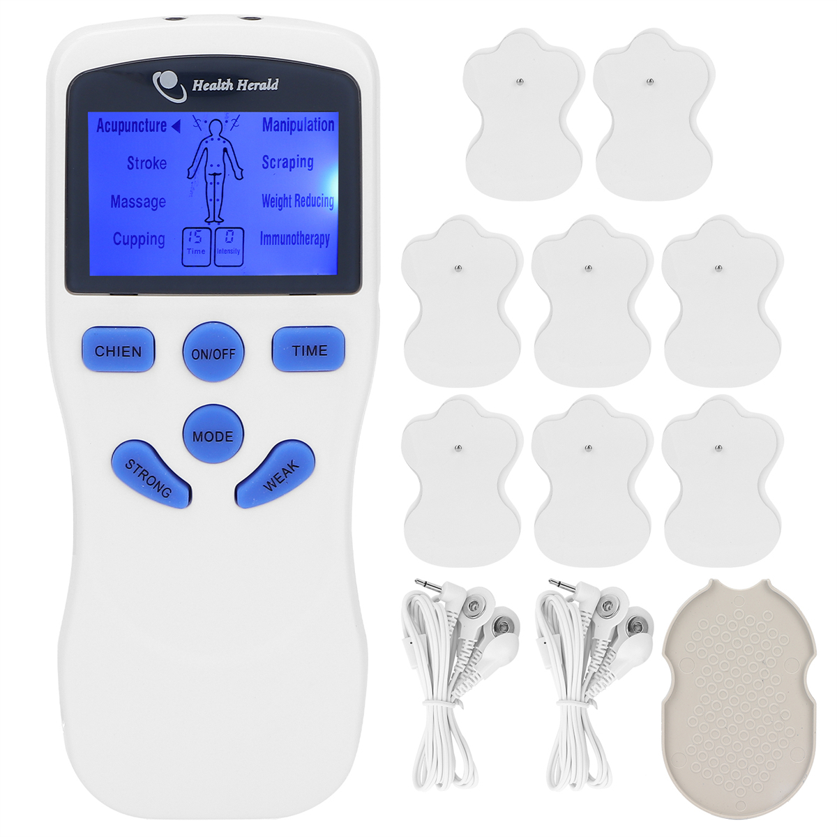 Weißes Elektrotherapiegerät mit blauem Bildschirm, Pads und Kabeln.