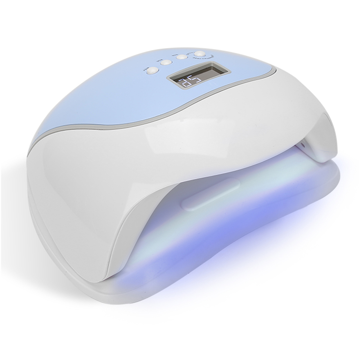Ein blau-weißer Nageltrockner mit digitaler Anzeige.