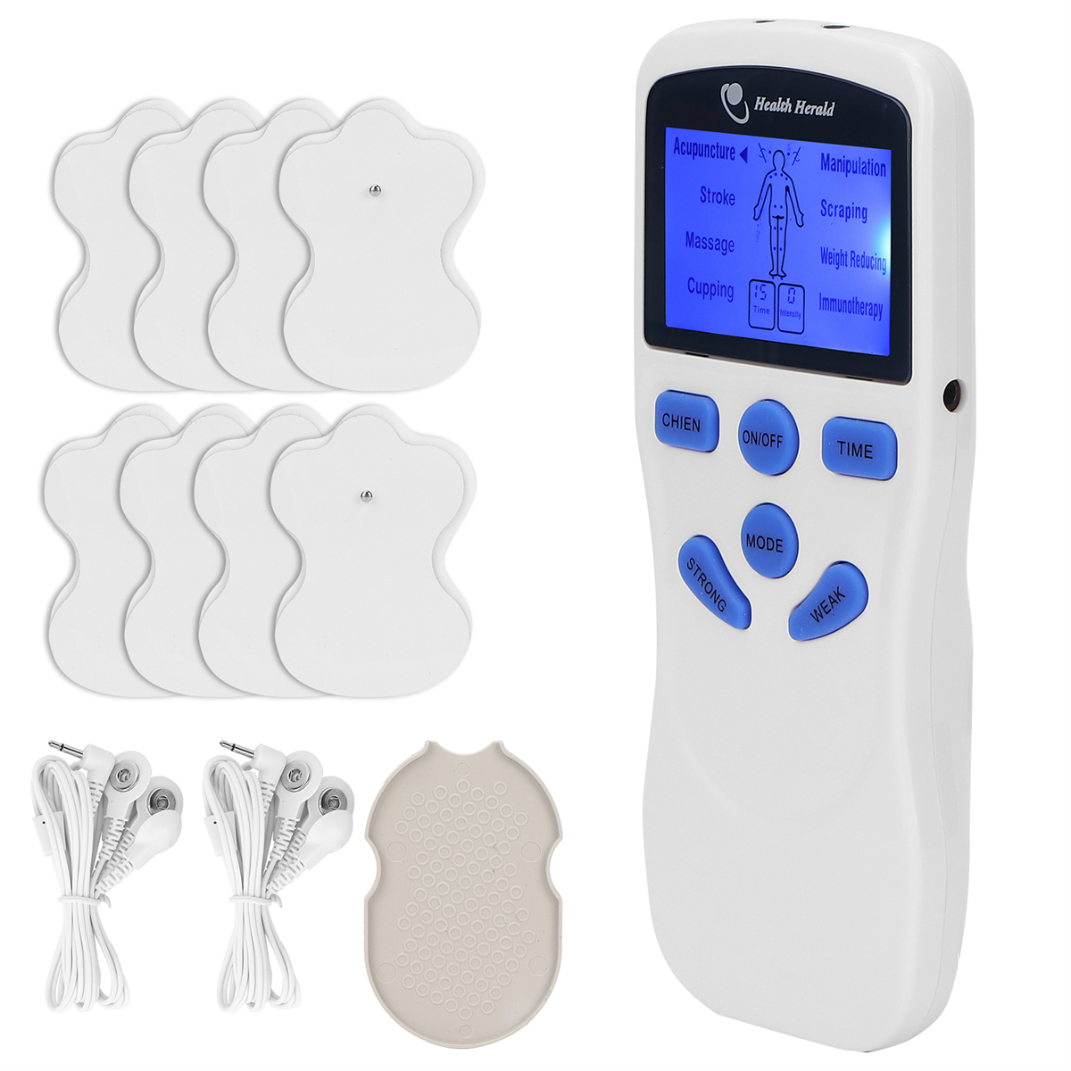 Ein elektrischer Muskelstimulator und Pads. Enthält Pads, Drähte und ein Steuergerät mit Bildschirm und Knöpfen.