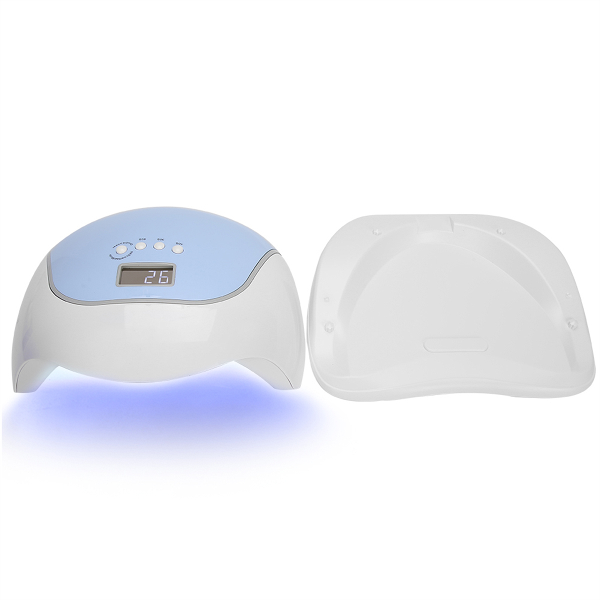 Weißer und blauer Nageltrockner mit Digitalanzeige. Daneben befindet sich eine transparente Abdeckung.