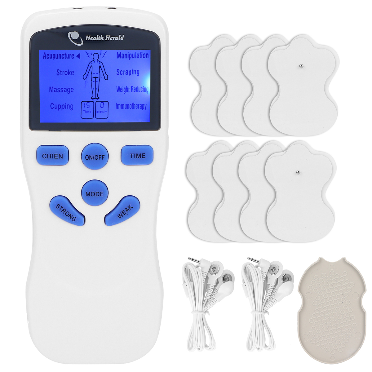 Weißes elektronisches Pulsmassagegerät mit blauem Bildschirm, Knöpfen und Pads. Drähte und ein Pad sind sichtbar.