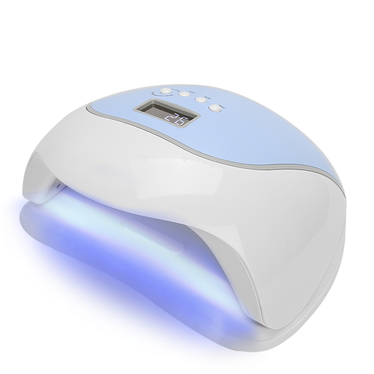Blau-weißer Nageltrockner mit Digitalanzeige und Knöpfen oben.