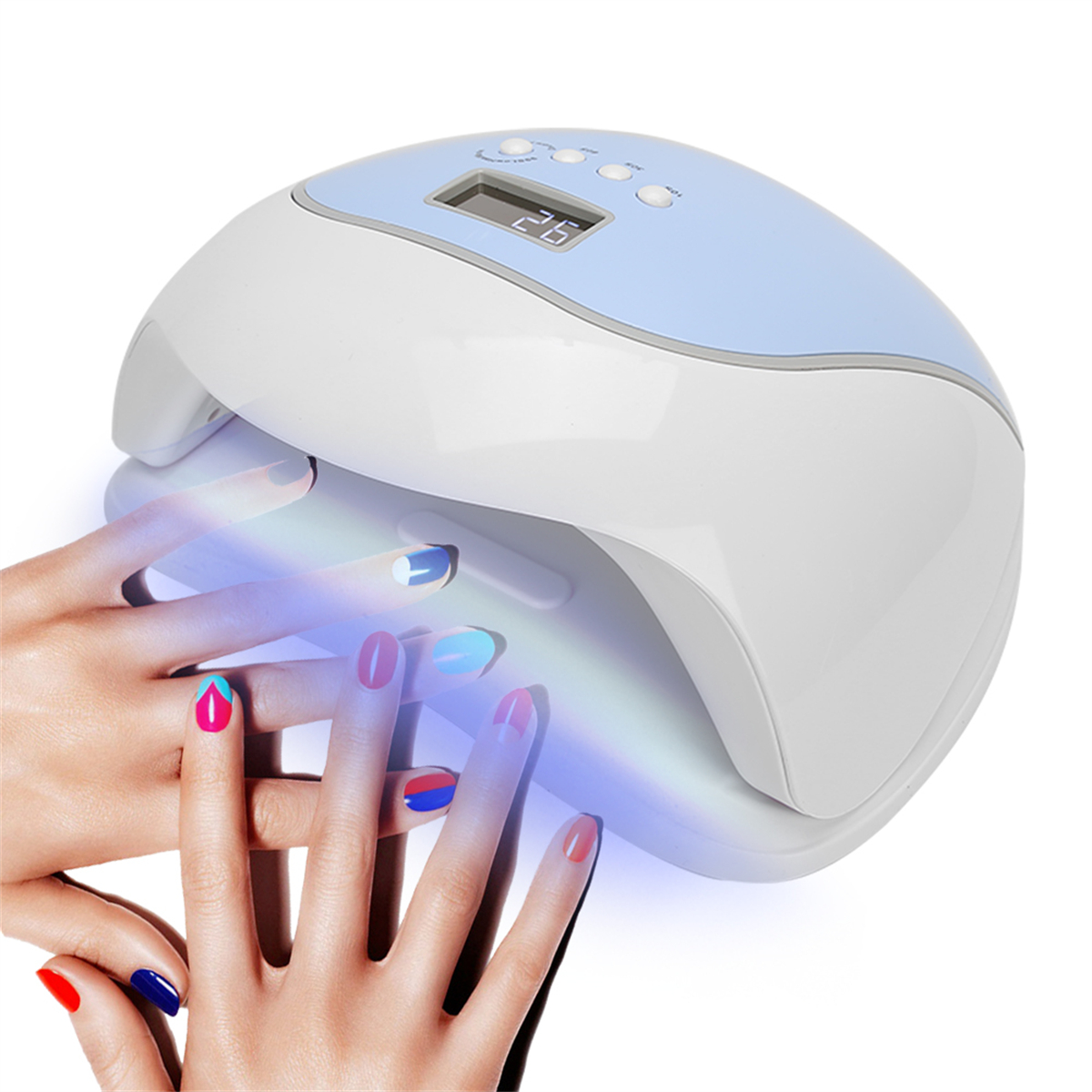 Eine Nagelhärtungsmaschine mit Händen darin. Die Hände haben lackierte Nägel in verschiedenen Farben und Designs.