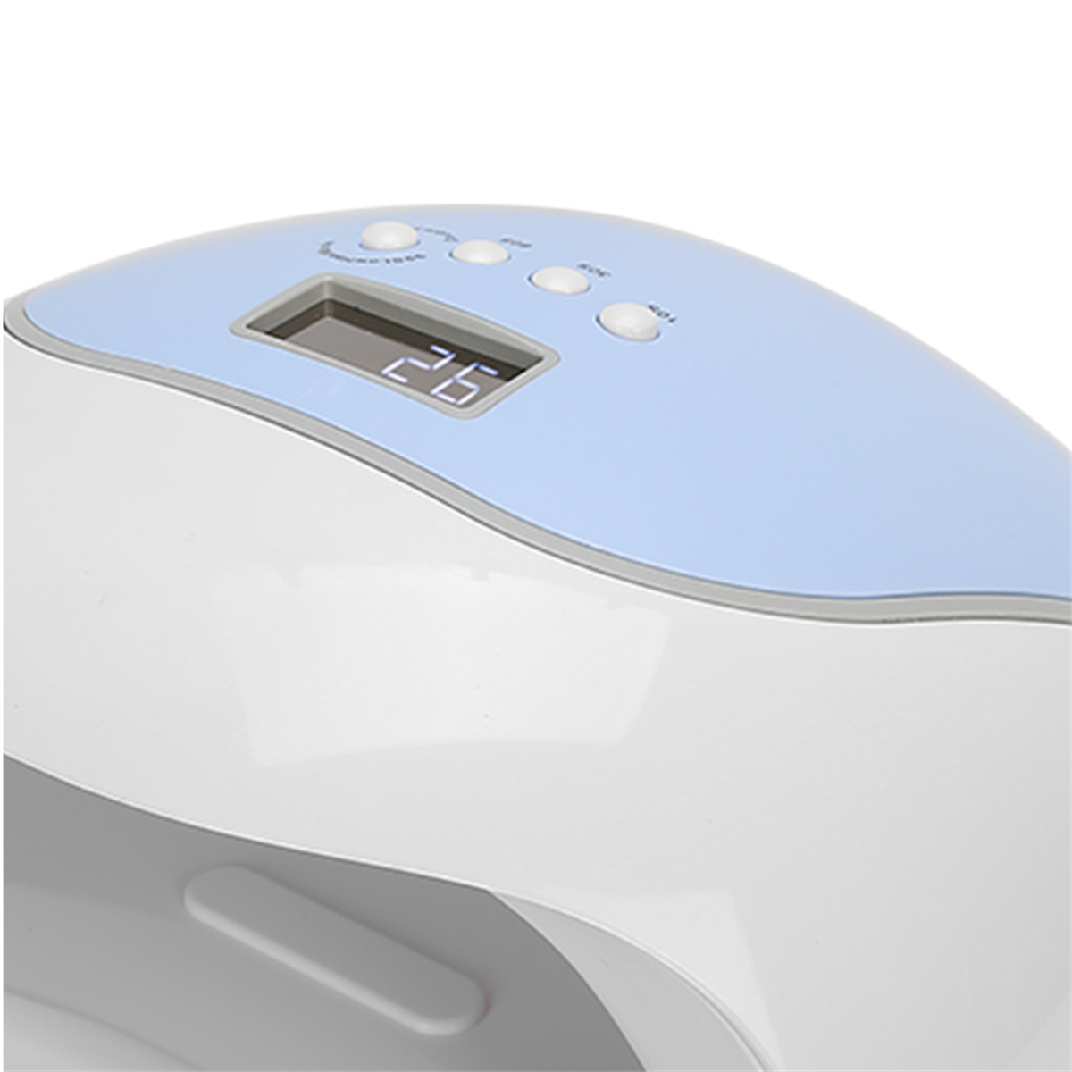 Blau-weißer Nageltrockner mit digitaler Anzeige, die einen Timer anzeigt. Der Trockner ist weiß.