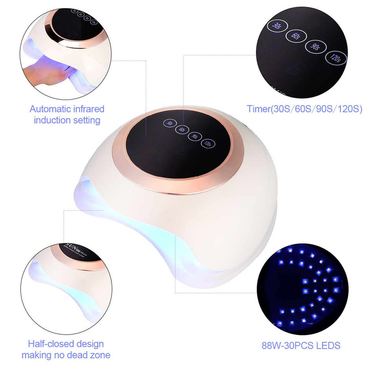 Weißer Nageltrockner mit roségoldfarbenem Besatz, blauen LED-Leuchten und Timereinstellungen, mit Nahaufnahmen.