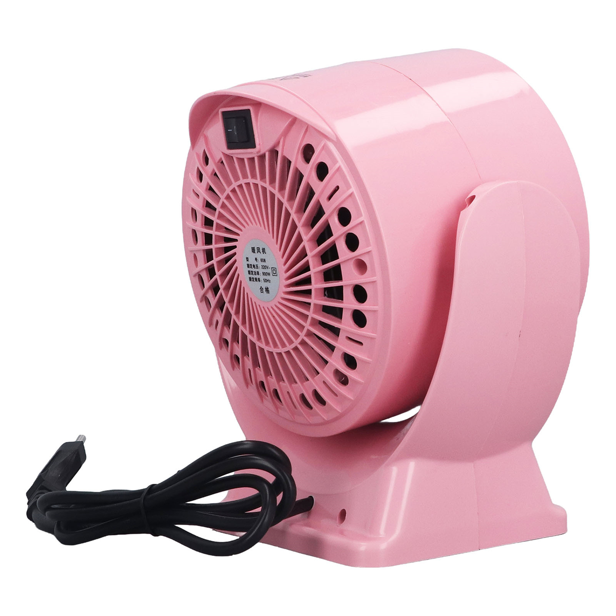 Ein rosa tragbarer Heizlüfter mit Ein-/Ausschalter und Netzkabel.
