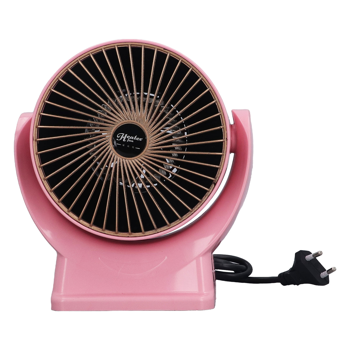 Rosa Retro-Ventilator mit schwarzem Gitter und goldener Umrandung.
