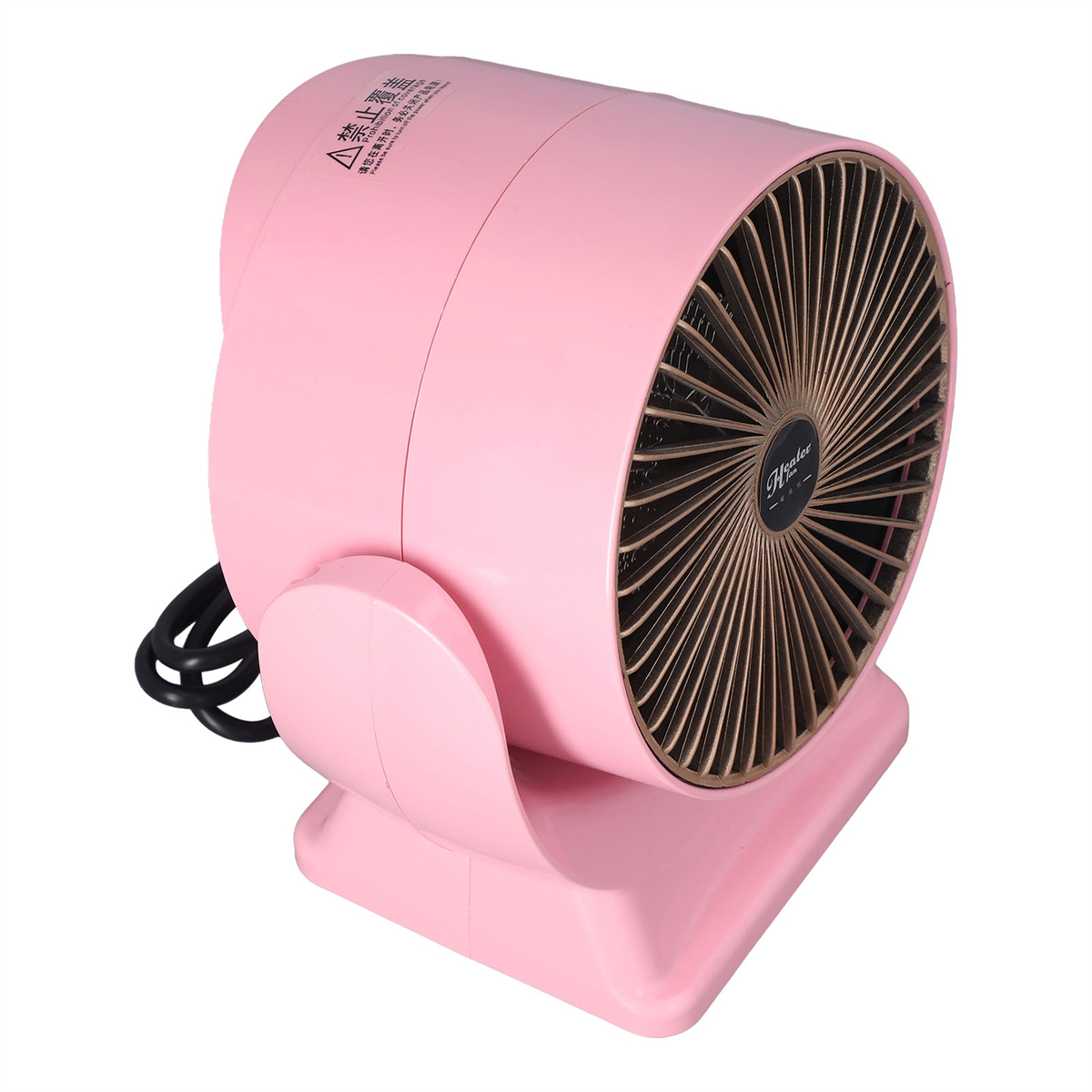 Rosa elektrischer Heizlüfter mit Griff und Ventilator.