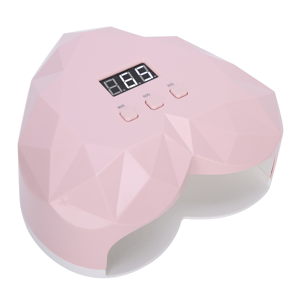 Rosa herzförmige Nagellampe mit Display und Knöpfen. Die Lampe steht auf einer weißen Oberfläche.