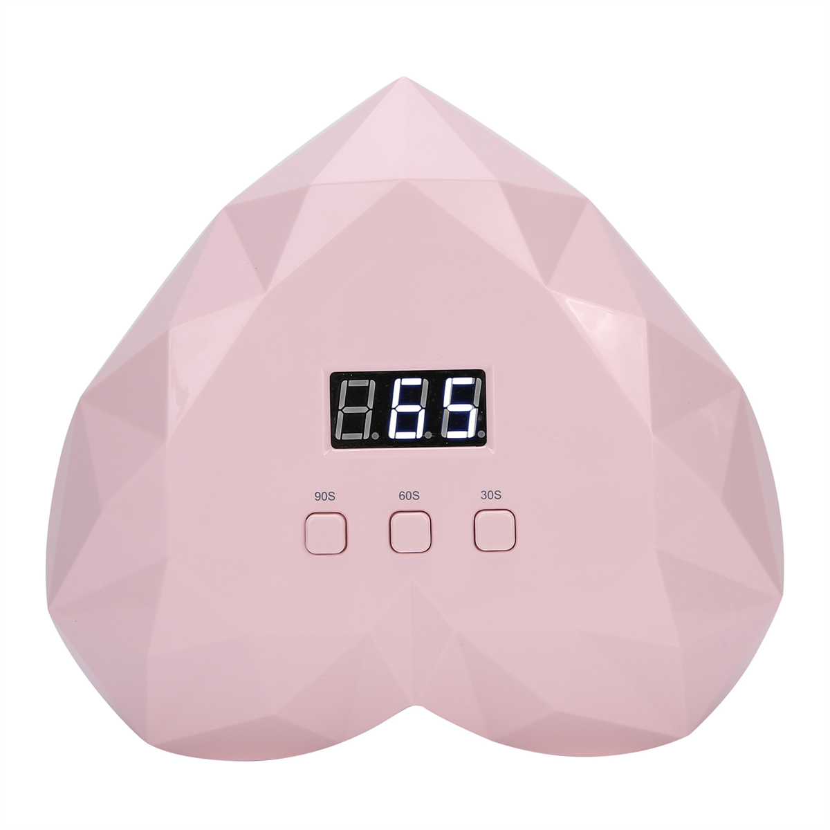 Ein rosa herzförmiger Nageltrockner mit digitaler Anzeige und Tasten mit der Aufschrift 90S, 60S und 30S.