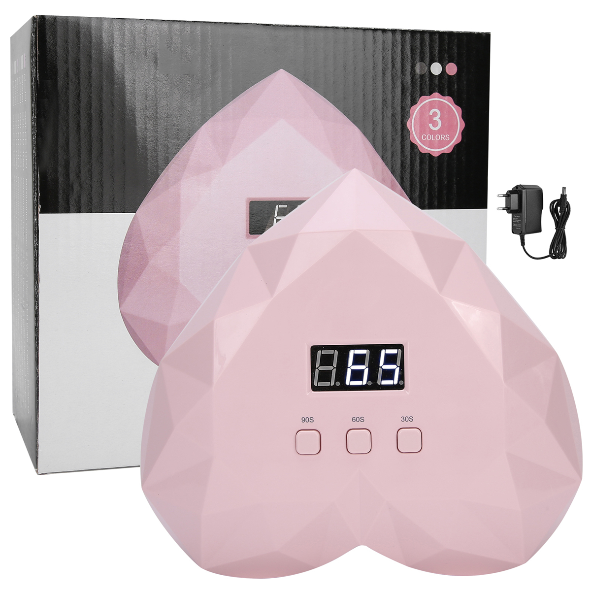 Rosa herzförmiger Nageltrockner mit Knöpfen und Box.