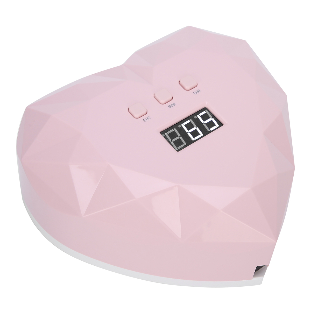 Rosa herzförmiger Nageltrockner. Er hat drei Tasten: 30s, 60s, 90s. Ein digitales Display zeigt die Zeit an.