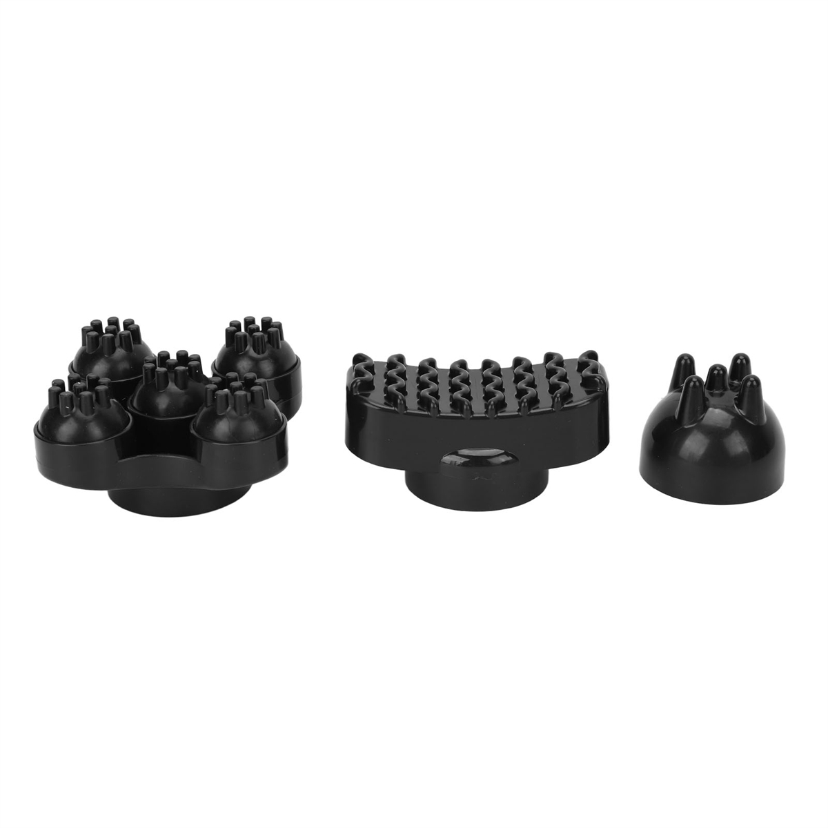 Schwarze Massagekopfaufsätze für eine Massagepistole, verschiedene Formen und Größen.