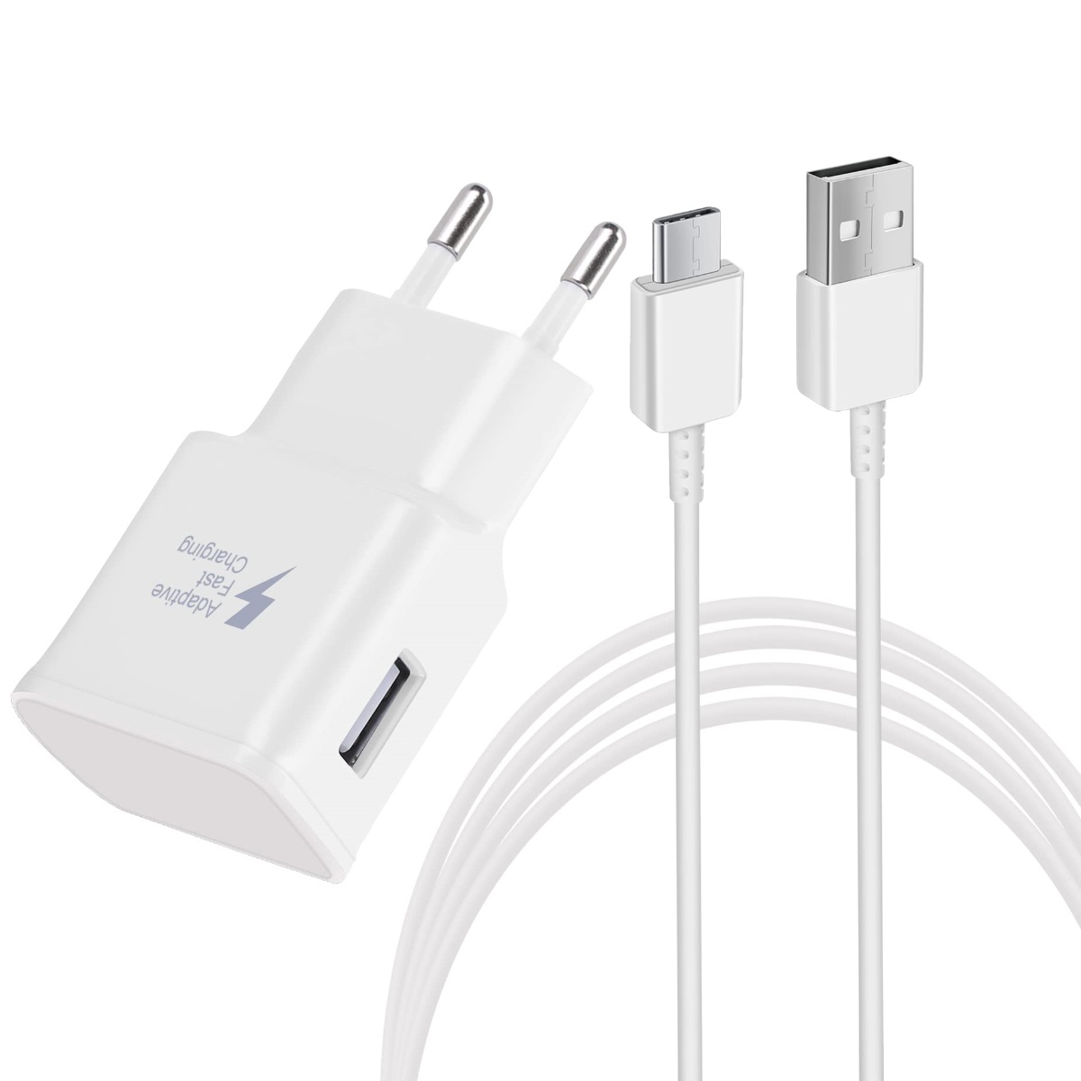 Weißes Ladegerät und zwei weiße Kabel mit Steckern. Es hat eine rechteckige Form.